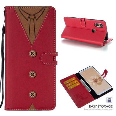 

MOONCASE Millet Mi A2 Mi 6X stitching embossed mens leather case - red