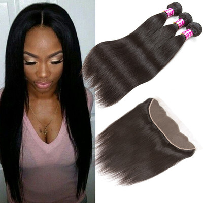 

Glary Malaysian Straight Human Hair 3 Bundles With Frontal Ear to Ear Lace Frontal With Bundles Unprocessed Hair Natural Black