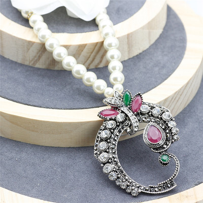 

Bohemia Ethnic Beads Pendant Necklace For Women Imitation Pearl Antique Silver Color Long Crystal Sweater Chain Indian Jewelry