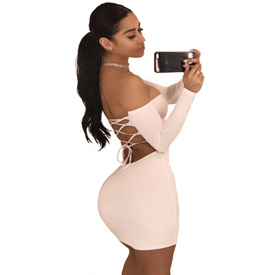 

Fashion Women Sexy Bodycon Mini Dresses Solid Long Sleeved Wrap Keyhole Hollow Mini Club Party Hip Package Evening Dress