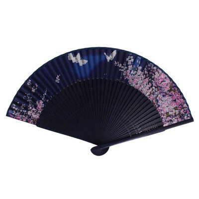 

UpperX Hollowing Bamboo Frame Floral Pattern Ladies Foldable Hand Fan Blue