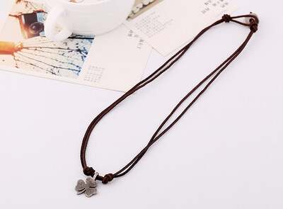 

European&American style leather necklace short paragraph mens alloy four-leaf clover necklace vintage coarse mineral leather