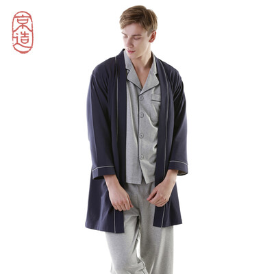 

JZAO mens Ou Weier elastic small terry home clothes nightgown Navy XL 18096A