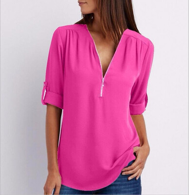 

Plus Size XS-5XL Women Sexy Deep V Neck Chiffon Zipper Shirt Ladies Fashion Casual Long Sleeves Tops Loose Long Shirt Blouse