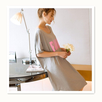 

Womens Summer Short Sleeve Loose Pajamas Nightdress Skirt Pink Pattern Cotton Long Home Dress