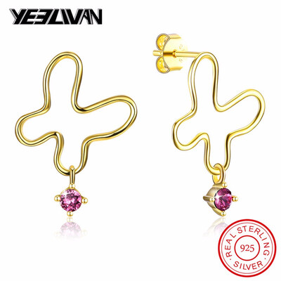 

925 Sterling Silver Irregular Stud Earrings Vintage Gold Color Butterfly Shape Slipping Red Crystal Hollow Earrings for Women