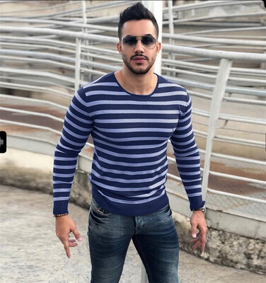 

Long Sleeved Round Neckline Striped Sweater Shirt for Men