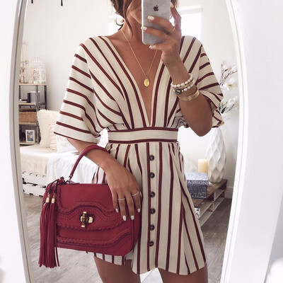 

Womens Vacation Bohemian Beach Striped Button Dress