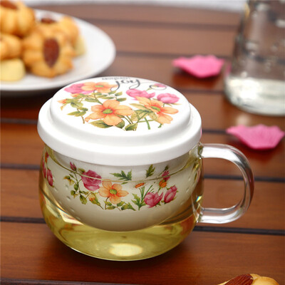 

Evergreen three-piece ceramic tea filter under the filter bubble cup heat-resistant glass flower cup cup office cup with cup lid 3GIT5877