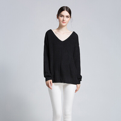 

PREISEI Fashion Autumn Winter Women Sexy Open Back Casual Loose Knitted V-Neck Long Sleeve Sweater Pullover Mujer
