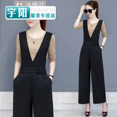 

Strap wide pants suit female quarter waist professional black jumpsuit loose casual pants
