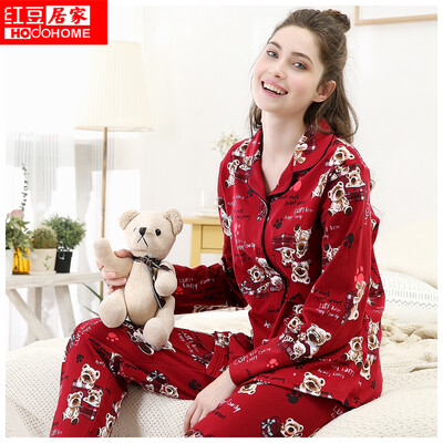 

Red bean home couple pajamas spring&autumn ladies cotton long-sleeved bear letter cartoon lapel cardigan set 474 wine red 17596A