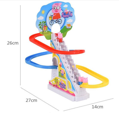 

Childrens toys usb powered sound&light music pink pig slide electric rail car pig climbing stairs set