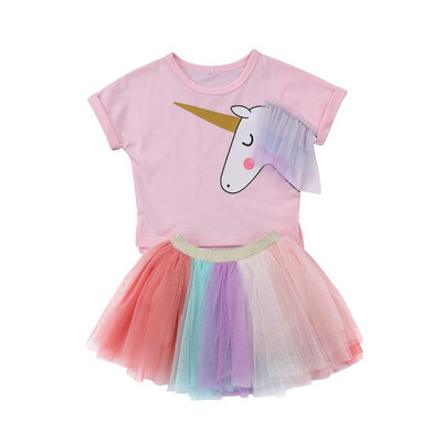 

Kids Baby Girl Unicorn Top Short Sleeves T-shirt Lace Tutu Lace Skirt Outfits Set Clothes Cute Colorful Summer