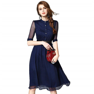 

PINGORA Dress 2018 Summer Ladies New European&American Style Fashion Pure Color Simple Elegant Short Sleeved Silk Dress