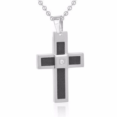 

Mens Stainless Steel Carbon Fiber Cross Pendant Rhinestone InlayBall Chain Necklace 197