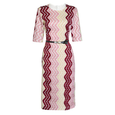 

Trendy Round Collar Half Sleeve Chevron Stripe Print Slit Belted Women Dress