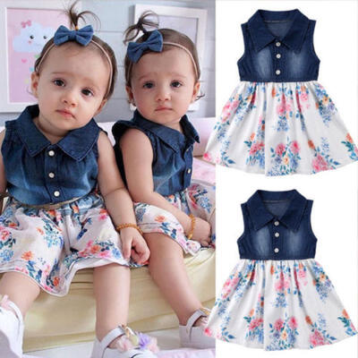 

Summer Toddler Kids Baby Girls Dress Outfits Clothes Shirt Denim Flower Dress