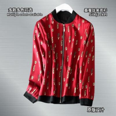 

Womens jacket 2018 spring&autumn models new silk jacket silk collar long-sleeved zipper loose multi-color volleyball clothing women