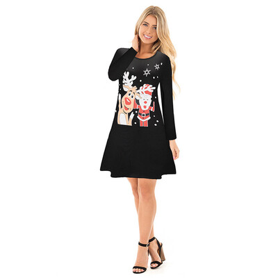 

Christmas Day Womens Dress Autumn&Winter Long Sleeve Cartoon Print Midi Skirt
