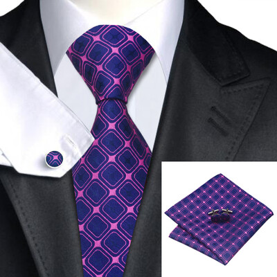 

N-0491 Vogue Men Silk Tie Set Purple Geometric Print Necktie Handkerchief Cufflinks Set Ties For Men Formal Wedding Business wholesale