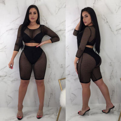 

Womens Ladies Long Sleeve See Through Gauze 2Pcs Crop Top Shorts Set Jumpsuit