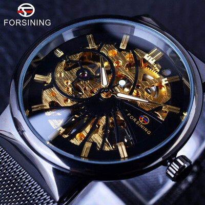 

Forsining Golden Fashion Series Simple Skeleton Design Stainless Steel Open Work Mens Watches Top Brand Luxury Mechanical Watch