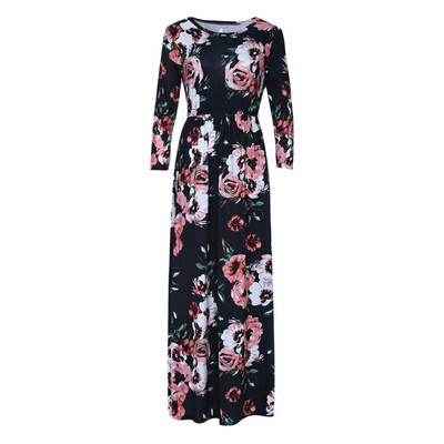 

Trendy Round Collar 34 Sleeve Floral Print Pocket Women Maxi Dress