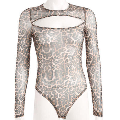 

Sexy Women Leopard Long Sleeve Romper Bodysuit Stretch Leotard Top Blouse New