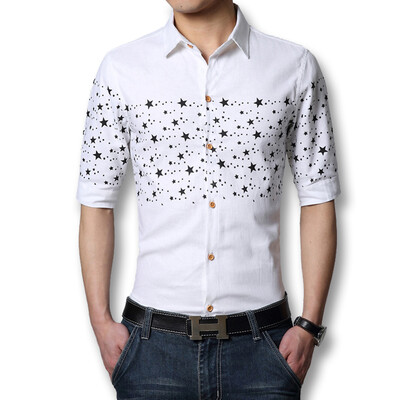 New Men Linen Shirts Short Sleeves 2016 Fashion Slim Men Cotton Shirts Printed Plus Size White Black Dress Casual Men Shirts