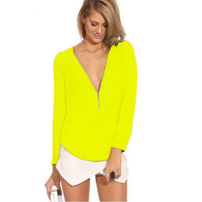 

High quality Fashion New Women Zipper V-neck Chiffon Tops Long Sleeve Shirt Casual Blouse