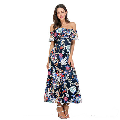 

PREISEI Summer Women Black Elegant Sexy Off Shoulder Print Maxi Dresses Slash Neck Ruffles High Waist Long Beach Dress PR7277