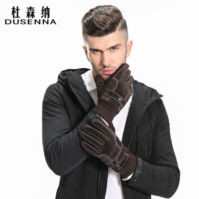 

DUSENNA leather gloves mens winter warm riding plus velvet bike thickening mens wind cold mountain touch screen leather gloves thick stitching leather gloves brown white thread