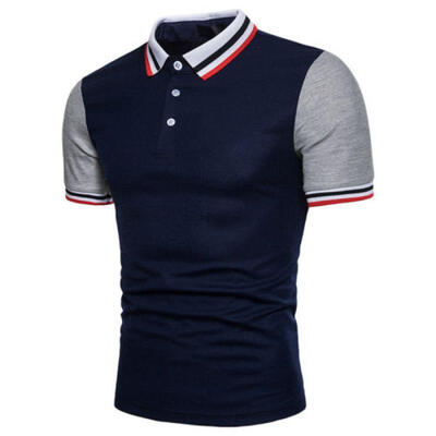 

Stylish Men Slim Fit POLO Shirts Color Block Short Sleeve Casual T-shirt Tee Top
