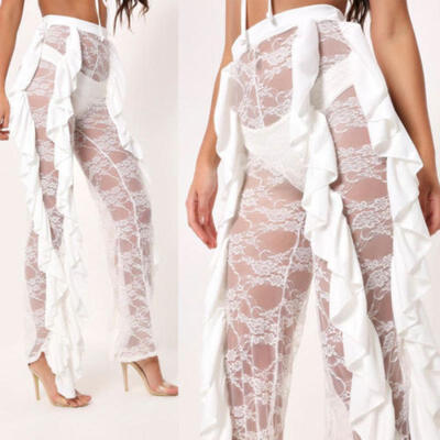 

US Womens Flared Pants High Waist Leg Mesh Lace See Through Casual Long Trousers