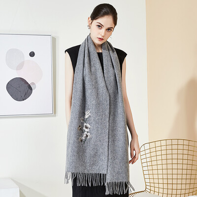 

Lan Shi Yu wool scarf ladies autumn&winter shawl warm su embroidery plus long solid color tassel gift collar W8417 gray plum