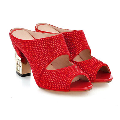 

IDIFU Womens Sexy Rhinestone Cut out Peep Toe Sandals Block High Heels Slide on Mules Shoes