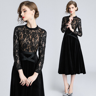 

Women New 2018 Autumn Black Lace Dress High-End Ladies O-Neck stitching Runway Vintage Female Slim Party Dresses