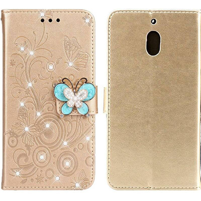 

MOONCASE Nokia 21 Butterfly Rhinestone Embossed Leather Case - Gold
