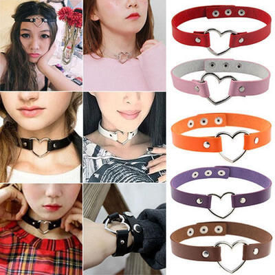 

Women Favorite Punk Goth Leather Rivet Heart Ring Collar Choker Funky Necklace