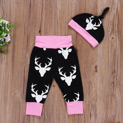 

Newborn Infant Baby Girls Deer Tops Romper Pants Hat 3Pcs Outfits Set Clothes
