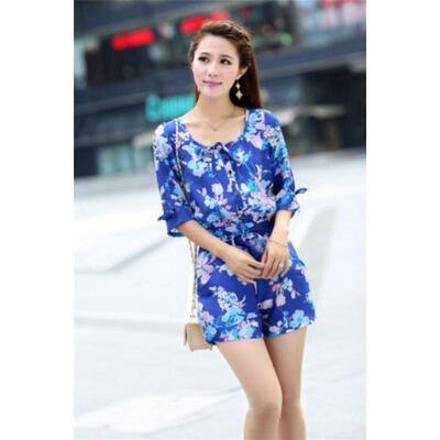 

Women Ladies Short Sleeve Blue Playsuit Floral Jumpsuit&Romper Short Trouser