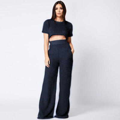 

Womens Solid Fluffy Short Sleeve Slim Fit Crop Tops Wide Leg Loose Pants Sets