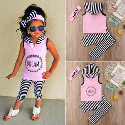 

Kids Baby Girl Hoodie Top T-shirt Pants Stripes Leggings Headband Outfit Clothes