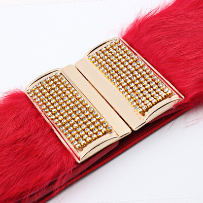 

Badinka New Designer Wide Elastic Stretch Brown PU Leather Corset Belt with Rabbit Fur Waistband Ladies Waist Belts for Women