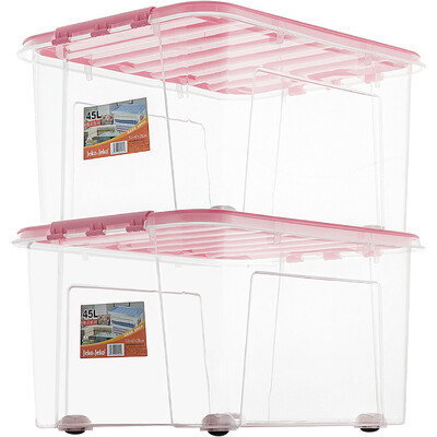 

JEKO&JEKO plastic transparent storage box large 45L 2 Pack storage box clothes snack storage box toy storage box pulley storage box pink SWB-511