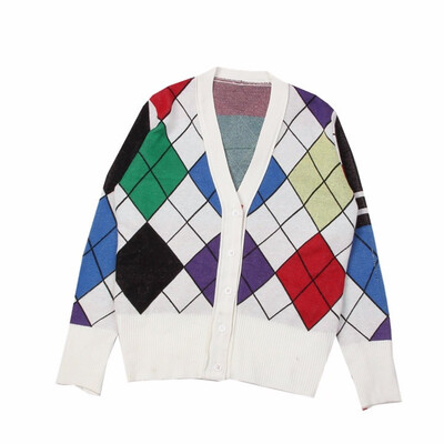 

new 2018 European womens station V collar single button diamond lattice color coloured college wind sweater cardigan