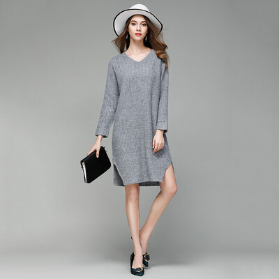 

PREISEI Spring Autumn Women Casual Loose Warm Solid V-Neck Long Sleeve Straight Knee-Length Sweater Dress Vestido