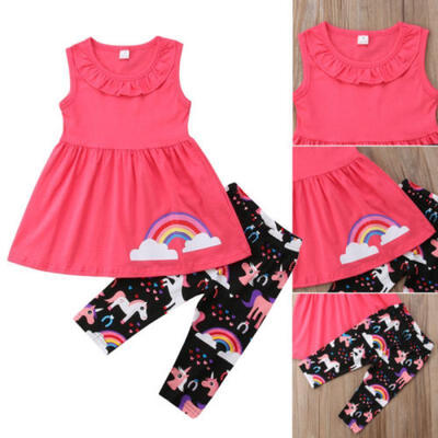 

2PCS Summer Kids Baby Girls Ruffle Tops Dresses Long Pants Outfit Clothes Set