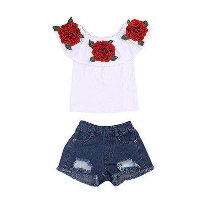 

2Pcs Toddler Kids Baby Girls Floral Tops Denim Shorts Outfits Set Clothes Casual